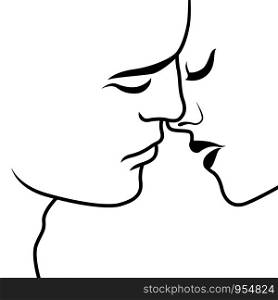 Abstract romantic moment before kiss between man and woman, black vector stencil on white background