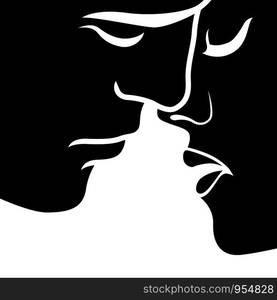 Abstract romantic moment before kiss between man and woman, isolated on white background , hand drawing vector outline