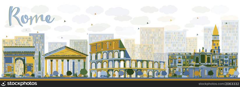 Abstract Rome skyline with color landmarks. Vector illustration. Business travel and tourism concept with historic buildings. Image for presentation, banner, placard and web site.