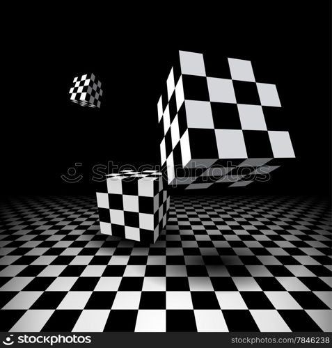 Abstract room with three flying checkered cubes