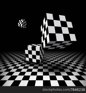 Abstract room with three flying checkered cubes