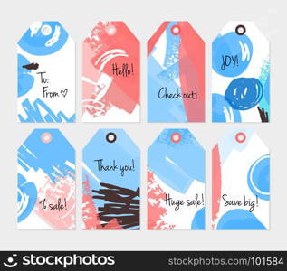 Abstract rough grunge strokes blue white tag set.Creative universal gift tags.Hand drawn textures.Ethic tribal design.Ready to print sale labels Isolated on layer.