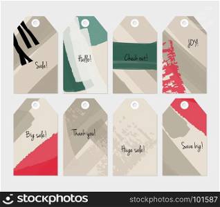Abstract rough grunge strokes gray red green tag set.Creative universal gift tags.Hand drawn textures.Ethic tribal design.Ready to print sale labels Isolated on layer.