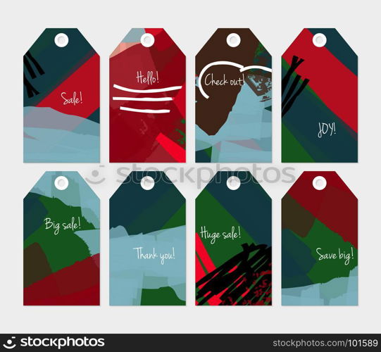 Abstract rough grunge strokes green red blue tag set.Creative universal gift tags.Hand drawn textures.Ethic tribal design.Ready to print sale labels Isolated on layer.