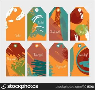 Abstract rough grunge strokes orange green brown tag set.Creative universal gift tags.Hand drawn textures.Ethic tribal design.Ready to print sale labels Isolated on layer.