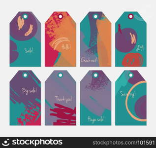Abstract rough grunge strokes orange green purple tag set.Creative universal gift tags.Hand drawn textures.Ethic tribal design.Ready to print sale labels Isolated on layer.
