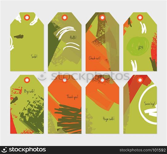 Abstract rough grunge strokes orange green tag set.Creative universal gift tags.Hand drawn textures.Ethic tribal design.Ready to print sale labels Isolated on layer.