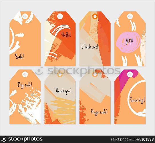Abstract rough grunge strokes orange white tag set.Creative universal gift tags.Hand drawn textures.Ethic tribal design.Ready to print sale labels Isolated on layer.