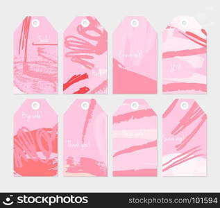 Abstract rough grunge strokes pink tag set.Creative universal gift tags.Hand drawn textures.Ethic tribal design.Ready to print sale labels Isolated on layer.