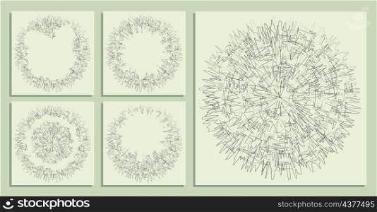 abstract round backgrounds of small hand drawn chaotic lines curves. Random children doodles of scribbles. Isolated vector