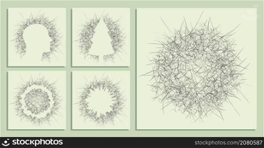 abstract round backgrounds of small hand drawn chaotic prickly lines. Random children doodles of scribbles. Isolated vector
