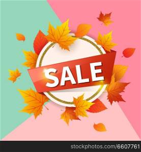 Abstract round banner for seasonal fall sale. Autumn vector background with orange falling maple leaves.
