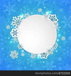 Abstract round Christmas banner with white paper snowflakes on a blue background. Vector illustration.