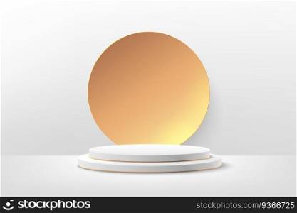 Abstract round display for product on website in modern. Background rendering with podium and minimal white texture wall scene, 3d rendering geometric shape white and gold color. Vector illustration