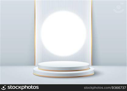 Abstract round display for product on website in modern. Futuristic background rendering with podium and minimal white & gold texture wall scene, 3d rendering geometric shape silver color. Vector EPS
