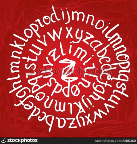 Abstract round lettering on red gradient background with texture. Vector alphabet. Hand drawn letters. Letters of the alphabet written with a marker on circle.