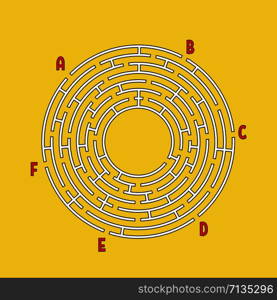 Abstract round maze. Game for kids. Children&rsquo;s puzzle. Many entrances, one exit. Labyrinth conundrum. Simple flat vector illustration isolated on color background. With place for your image.