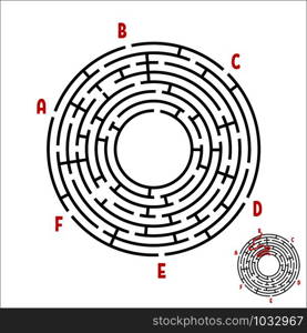 Abstract round maze. Game for kids. Children&rsquo;s puzzle. Six entrances, one exit. Labyrinth conundrum. Simple flat vector illustration isolated on white background. With the answer.