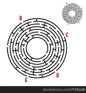 Abstract round maze. Game for kids. Puzzle for children. Find the right path. Labyrinth conundrum. Flat vector illustration isolated on white background. With answer. With place for your image.