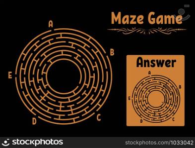 Abstract round maze. Game for kids. Puzzle for children. Labyrinth conundrum. Flat vector illustration isolated on color background. With answer. Vintage style