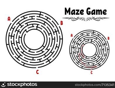 Abstract round maze. Game for kids. Puzzle for children. Labyrinth conundrum. Flat vector illustration isolated on white background. With answer. Vintage style