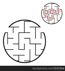 Abstract round maze. Game for kids. Puzzle for children. One entrance, one exit. Labyrinth conundrum. Flat vector illustration isolated on white background. With answer. Abstract round maze. Game for kids. Puzzle for children. One entrance, one exit. Labyrinth conundrum. Flat vector illustration isolated on white background. With answer.