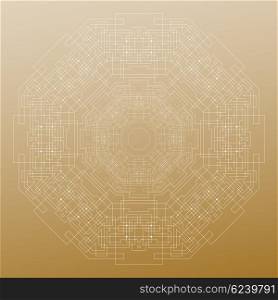 Abstract round technology pattern isolated on golden background, mandala template with connecting lines and dots, connection structure. Digital scientific vector.