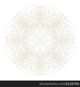 Abstract round technology pattern isolated on white background, golden mandala template with connecting lines and dots, connection structure. Digital scientific vector.