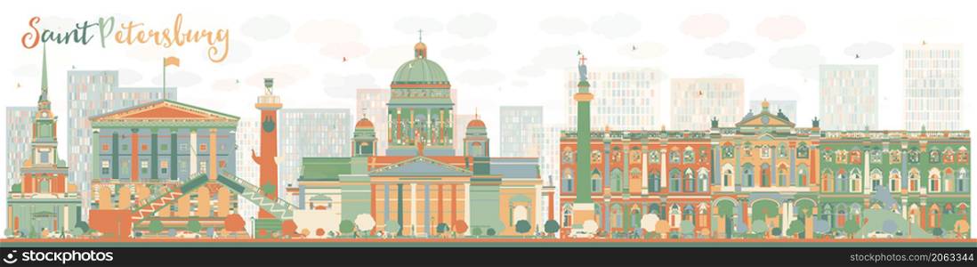 Abstract Saint Petersburg skyline with color landmarks. Business travel and tourism concept with historic buildings. Image for presentation, banner, placard and web site. Vector illustration