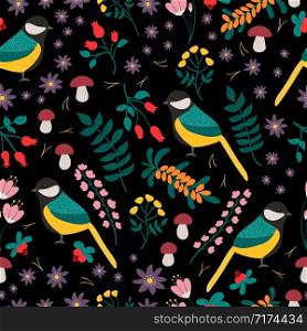 Abstract scandinavian nature elements - flowers, mushrooms, sea buckthorn and rose hip. Night forest.. Seamless forest pattern with a bird Tit.