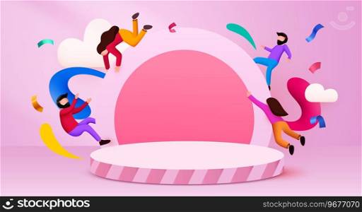Abstract scene background with flying people. Product presentation, mock up, show cosmetic product, Podium, stage pedestal or platform. Vector illustration. Abstract scene background with flying people. Product presentation, mock up, show cosmetic product, Podium, stage pedestal or platform.