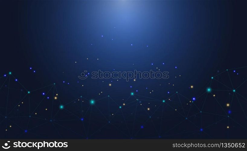 Abstract science and digital internet connection on blue background. polygonal with connected dots and lines. Network technology concept.