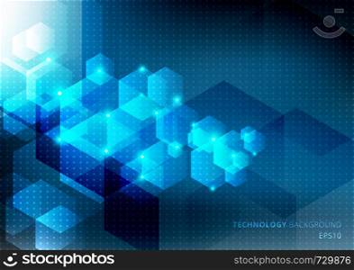 Abstract science and technology concept from blue hexagons elements glow on dark blue background with dots pattern texture. Geometric tech digital media template. Vector illustration