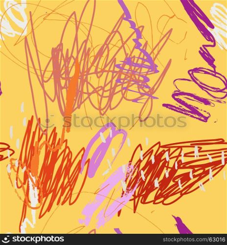 Abstract scribbles and dots yellow red.Creative abstract colorful seamless pattern. Tribal ethnic motives. Universal bright background for greeting cards, invitations. Had drawn ink and marker texture.
