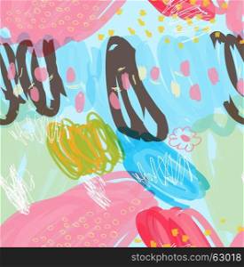 Abstract scribbles blue pink with flower and dots.Hand drawn with ink and marker brush seamless background.Ethnic design.