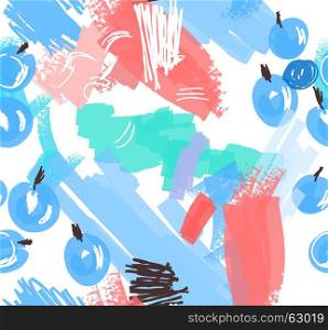 Abstract scribbles blue with berries.Hand drawn with ink and marker brush seamless background.Ethnic design.