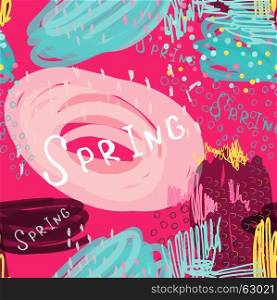 Abstract scribbles bright pink spring.Hand drawn with ink and marker brush seamless background.Ethnic design.