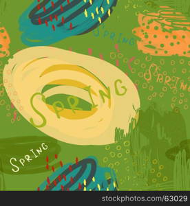 Abstract scribbles green yellow spring.Hand drawn with ink and marker brush seamless background.Ethnic design.