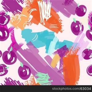 Abstract scribbles purple and orange with berries.Hand drawn with ink and marker brush seamless background.Ethnic design.