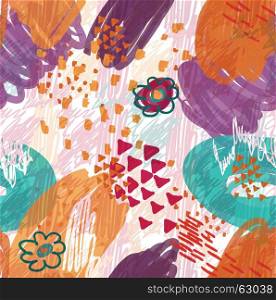 Abstract scribbles purple with flower and triangles.Hand drawn with ink and marker brush seamless background.Ethnic design.