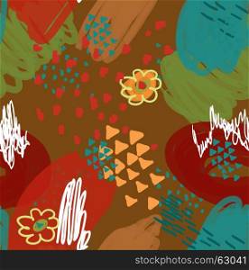 Abstract scribbles red green brown with flower and triangles.Hand drawn with ink and marker brush seamless background.Ethnic design.