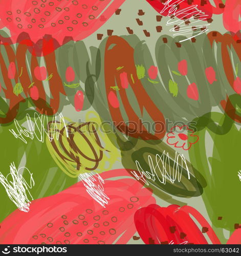 Abstract scribbles red green with flower and dots.Hand drawn with ink and marker brush seamless background.Ethnic design.