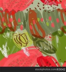 Abstract scribbles red green with flower and dots.Hand drawn with ink and marker brush seamless background.Ethnic design.