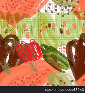 Abstract scribbles red green with geometrical grid.Hand drawn with ink and marker brush seamless background.Ethnic design.