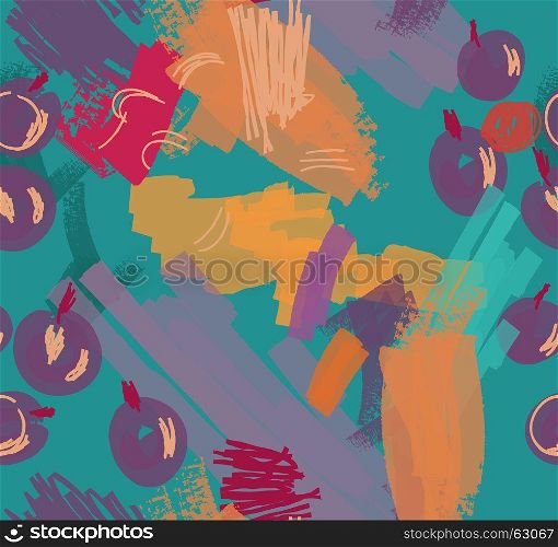 Abstract scribbles turquoise orange with berries.Hand drawn with ink and marker brush seamless background.Ethnic design.