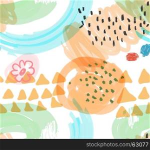 Abstract scribbles with flower and orange triangles.Hand drawn with ink and marker brush seamless background.Ethnic design.