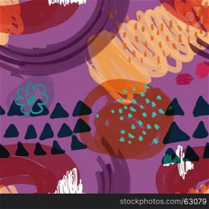 Abstract scribbles with flower and triangles purple.Hand drawn with ink and marker brush seamless background.Ethnic design.