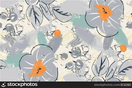 Abstract scribbles with gray flower and berries.Hand drawn with ink and marker brush seamless background.Ethnic design.