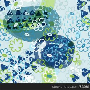 Abstract scribbles with green all over flower and blue triangles.Hand drawn with ink and marker brush seamless background.Ethnic design.