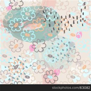 Abstract scribbles with light blue all over flowers.Hand drawn with ink and marker brush seamless background.Ethnic design.